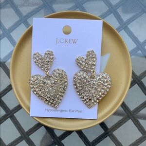 J. Crew Gold Double Heart Earrings with Crystal Accents